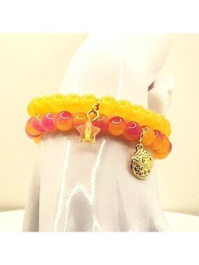 Yellow Orange Bracelet Stack, Sunset Beaded Bracelets, Summer Stretch Jewelry